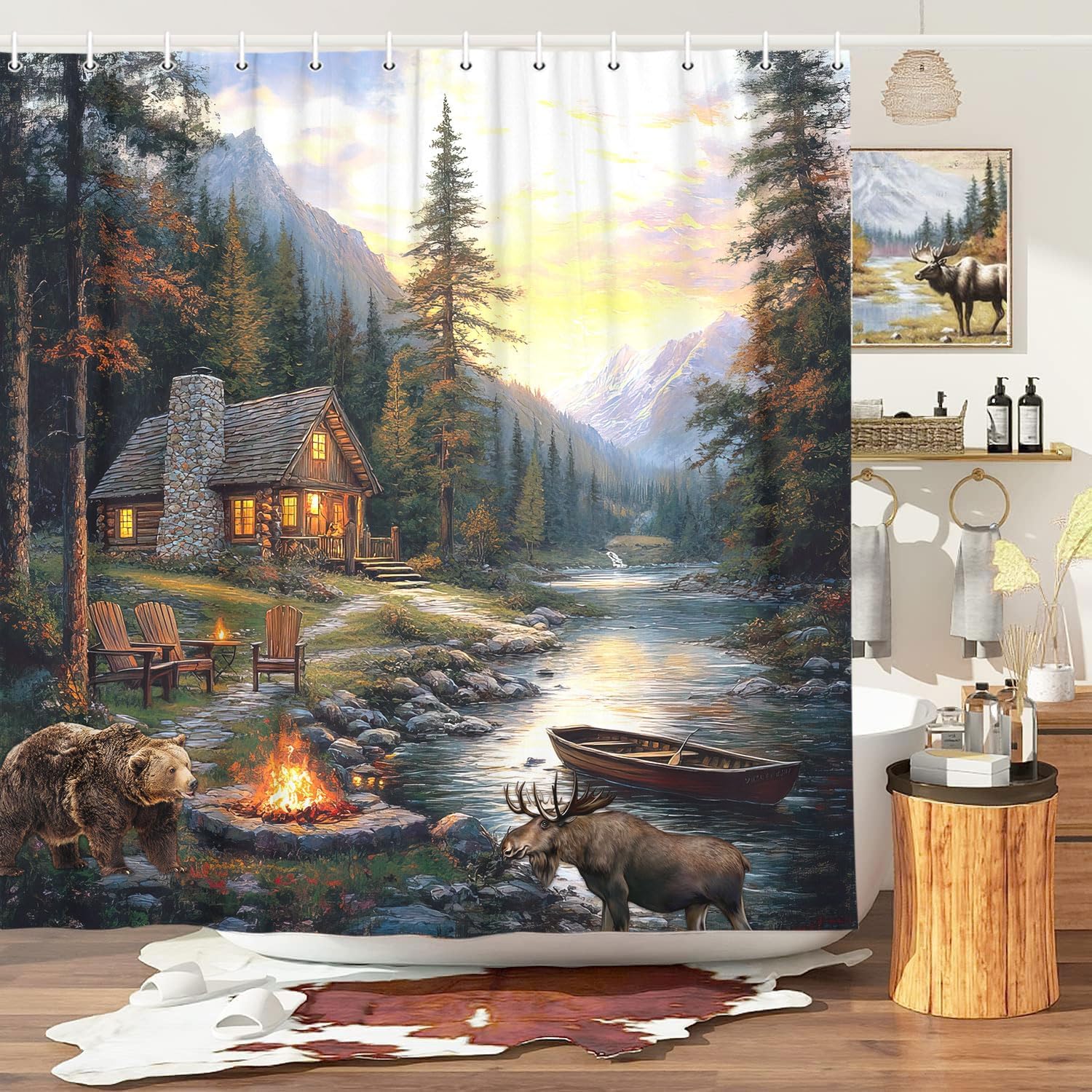 Hunting And Camping In Forest - Cortina de chuveiro rústica com urso